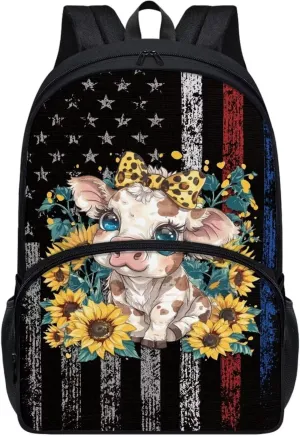 Backpack for Student Grunge USA Flag Sunflower Cow Print Laptop Computer Backpack 17 Inch Backpacks Travel Backpack Rucksack Daypack for Boys Girls Outdoor Hiking