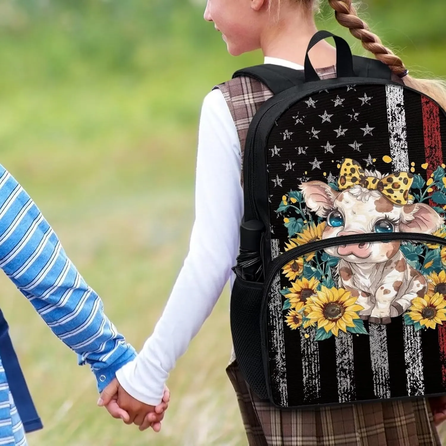Backpack for Student Grunge USA Flag Sunflower Cow Print Laptop Computer Backpack 17 Inch Backpacks Travel Backpack Rucksack Daypack for Boys Girls Outdoor Hiking