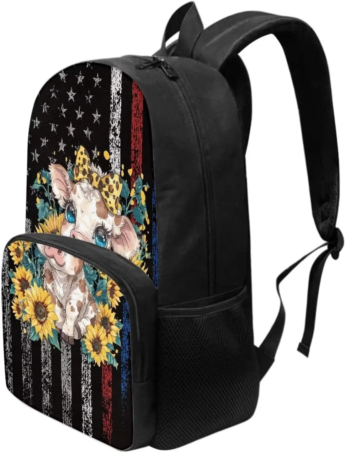 Backpack for Student Grunge USA Flag Sunflower Cow Print Laptop Computer Backpack 17 Inch Backpacks Travel Backpack Rucksack Daypack for Boys Girls Outdoor Hiking