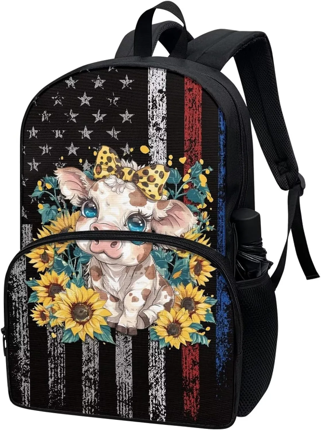 Backpack for Student Grunge USA Flag Sunflower Cow Print Laptop Computer Backpack 17 Inch Backpacks Travel Backpack Rucksack Daypack for Boys Girls Outdoor Hiking
