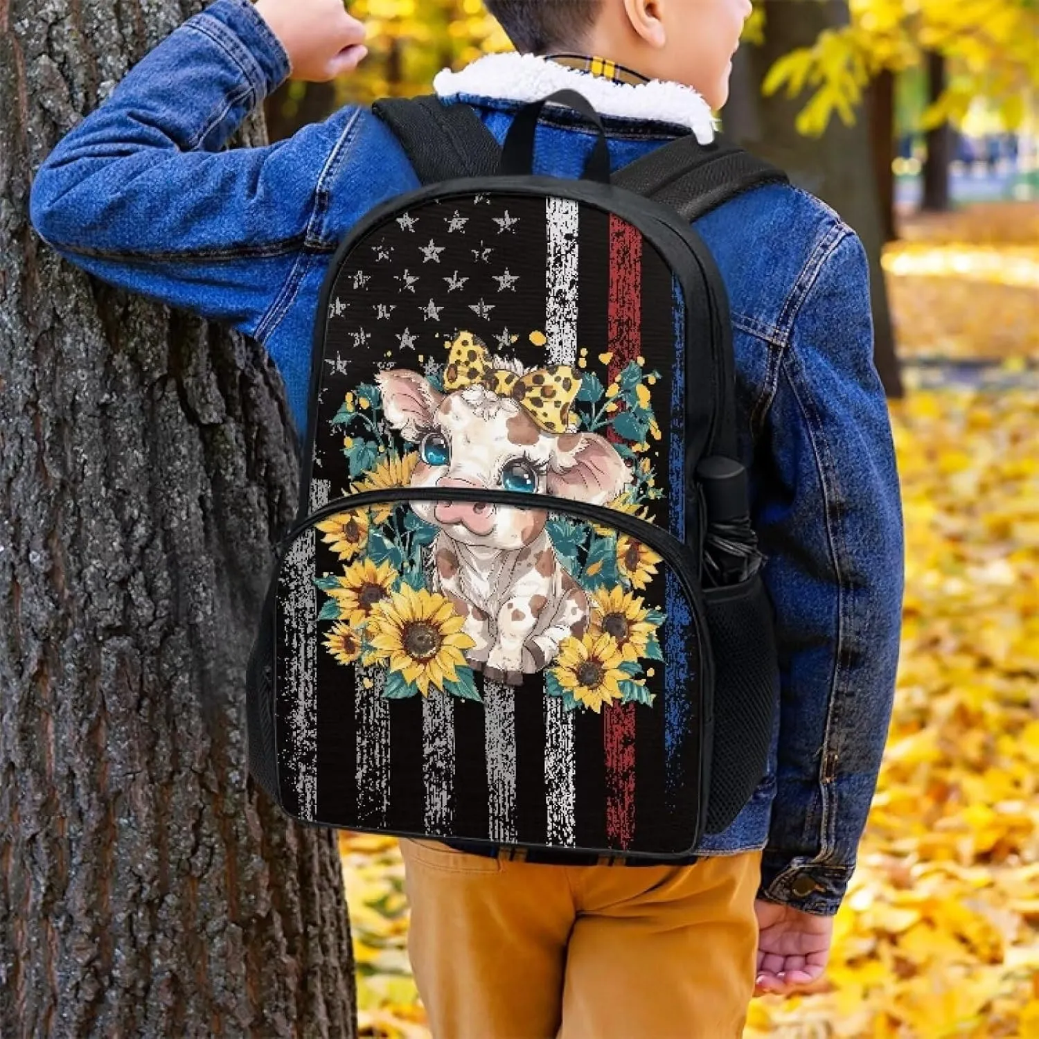 Backpack for Student Grunge USA Flag Sunflower Cow Print Laptop Computer Backpack 17 Inch Backpacks Travel Backpack Rucksack Daypack for Boys Girls Outdoor Hiking