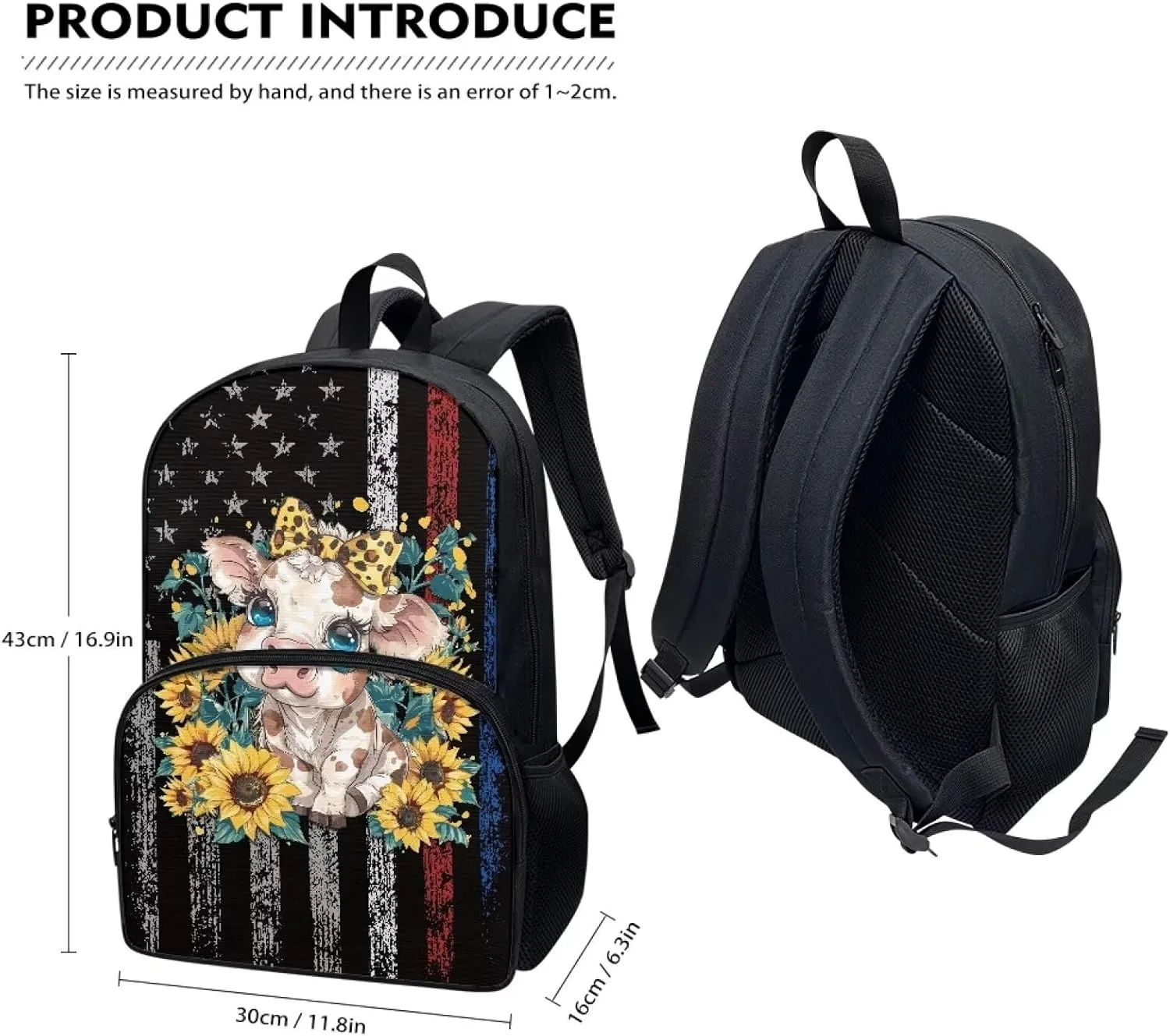 Backpack for Student Grunge USA Flag Sunflower Cow Print Laptop Computer Backpack 17 Inch Backpacks Travel Backpack Rucksack Daypack for Boys Girls Outdoor Hiking