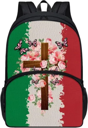 Backpack for Student Laptop Computer Backpack Italy Flag Rose Floral Cross Print 17 Inch Backpacks with Side Pockets Travel Bag Daypack Rucksack for Boys Girls Outdoor