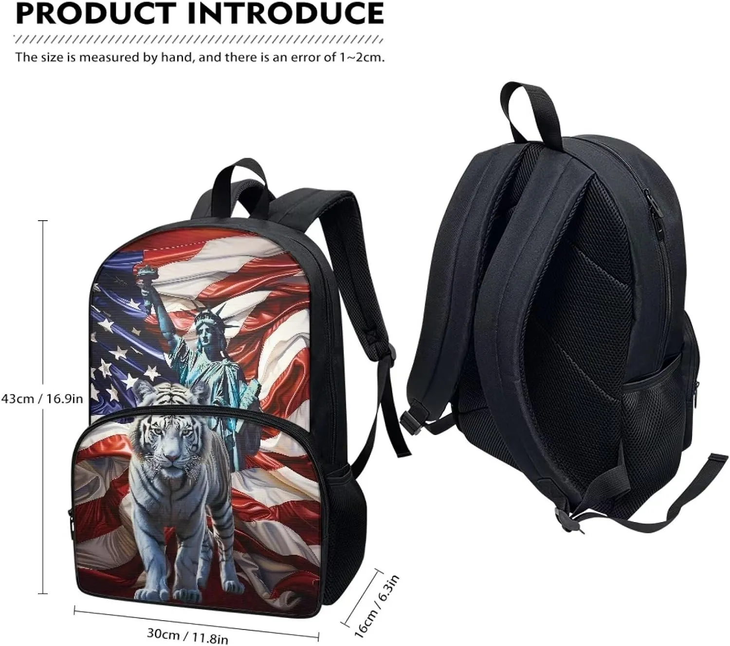 Backpack for Student USA Flag Liberty Status Tiger Print Laptop Computer Backpack 17 Inch Backpacks with Side Pockets Travel Bag Daypack Fashion Rucksack for Outdoor