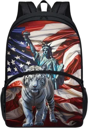 Backpack for Student USA Flag Liberty Status Tiger Print Laptop Computer Backpack 17 Inch Backpacks with Side Pockets Travel Bag Daypack Fashion Rucksack for Outdoor