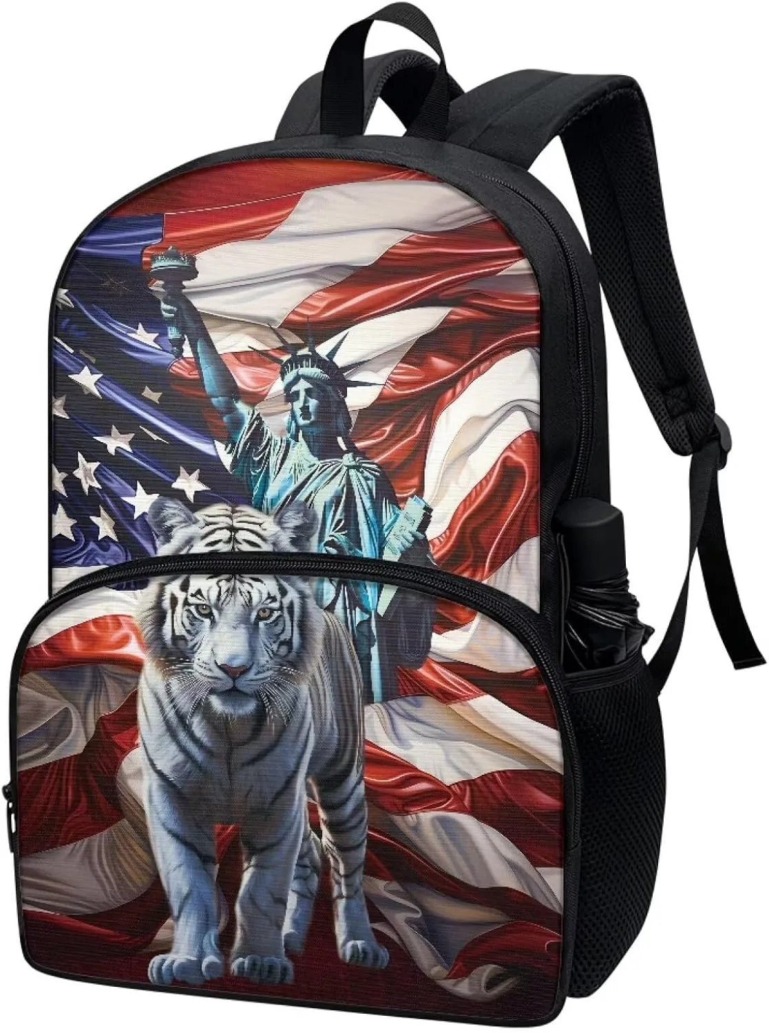Backpack for Student USA Flag Liberty Status Tiger Print Laptop Computer Backpack 17 Inch Backpacks with Side Pockets Travel Bag Daypack Fashion Rucksack for Outdoor