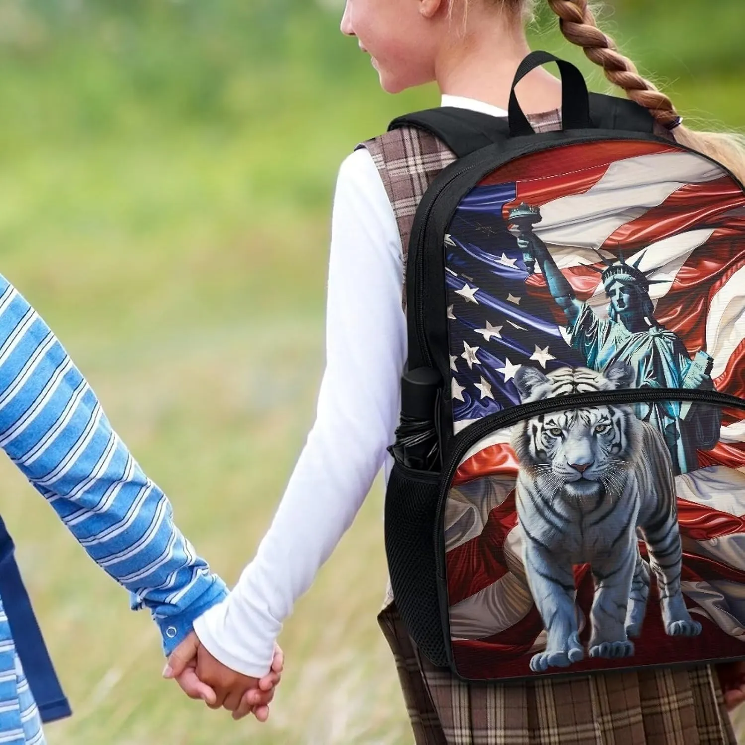 Backpack for Student USA Flag Liberty Status Tiger Print Laptop Computer Backpack 17 Inch Backpacks with Side Pockets Travel Bag Daypack Fashion Rucksack for Outdoor