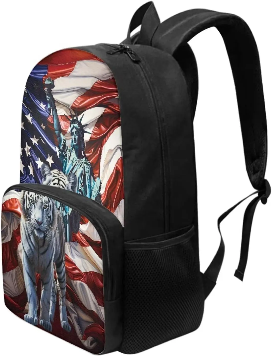 Backpack for Student USA Flag Liberty Status Tiger Print Laptop Computer Backpack 17 Inch Backpacks with Side Pockets Travel Bag Daypack Fashion Rucksack for Outdoor