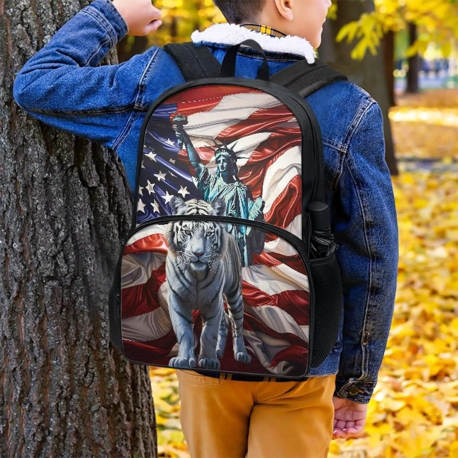 Backpack for Student USA Flag Liberty Status Tiger Print Laptop Computer Backpack 17 Inch Backpacks with Side Pockets Travel Bag Daypack Fashion Rucksack for Outdoor