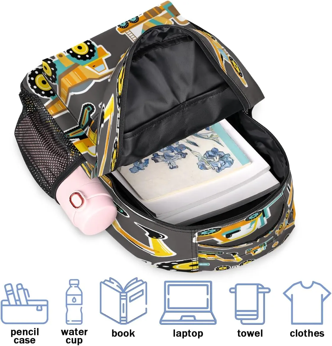 Backpack for Women Men, Construction Machinery Cars Casual Backpacks, Waterproof Lightweight Cute Cars Daypack Bags for Travel Camping Work
