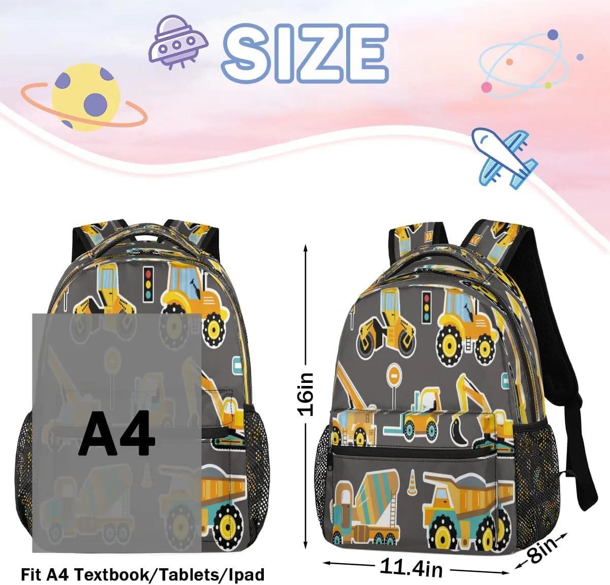 Backpack for Women Men, Construction Machinery Cars Casual Backpacks, Waterproof Lightweight Cute Cars Daypack Bags for Travel Camping Work