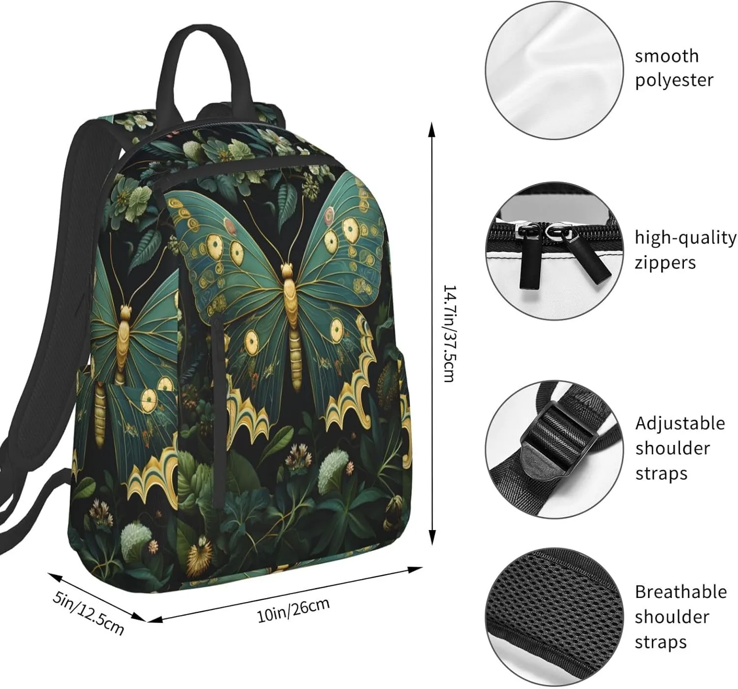 Backpack For Women Men Green Botany Butterfly Bookbag Lightweight Travel Casual Daypack Water Resistant Outdoor Hiking Sport Rucksack