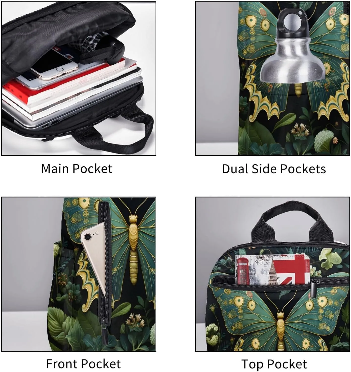 Backpack For Women Men Green Botany Butterfly Bookbag Lightweight Travel Casual Daypack Water Resistant Outdoor Hiking Sport Rucksack