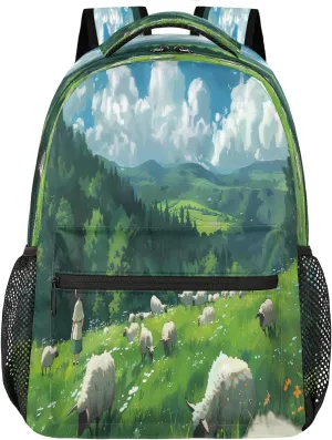 Backpack Green Grassland Goat Laptop Backpacks Casual College Travel Bag Hiking Daypack for Women Men
