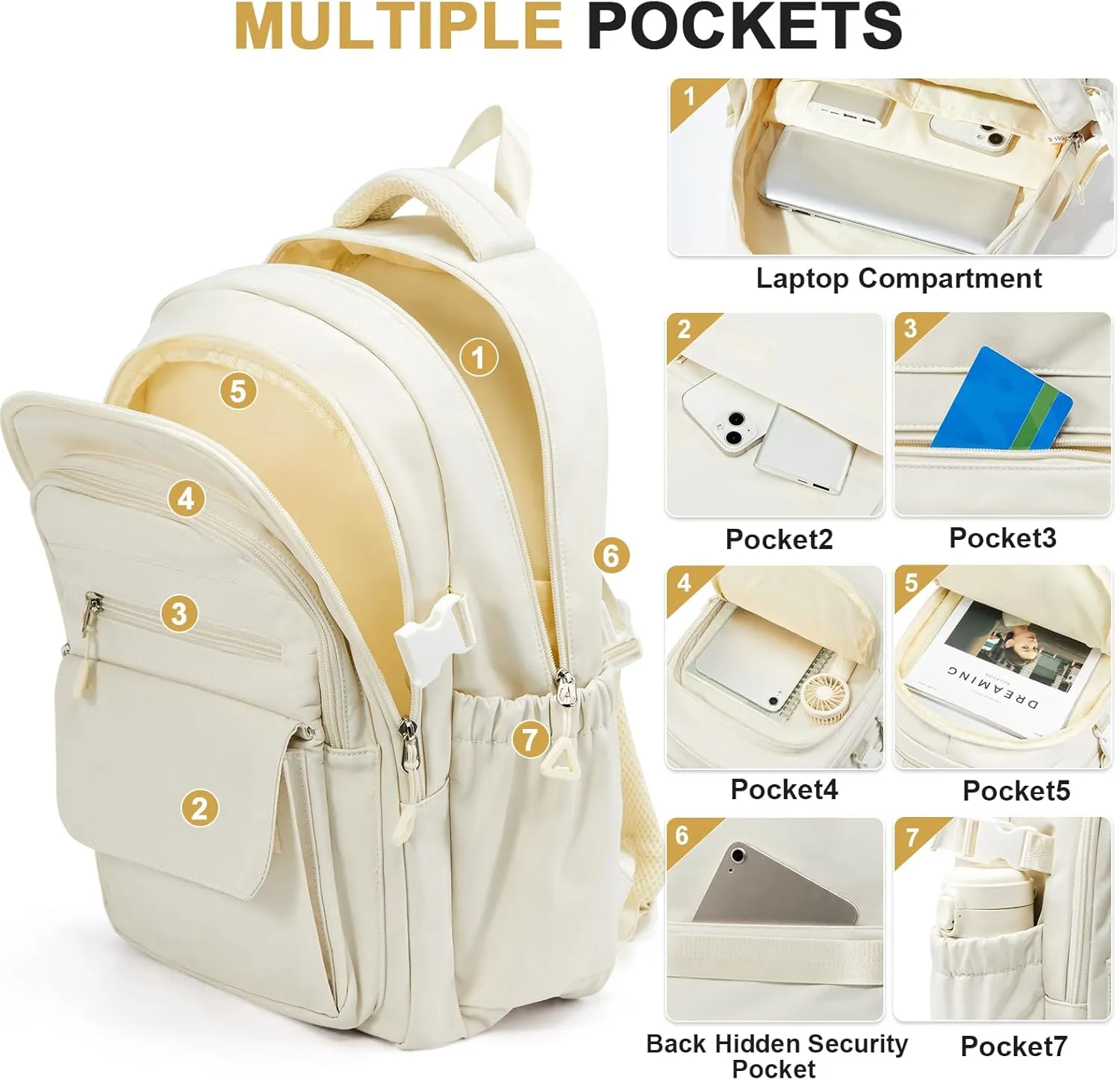 Backpacks For School Women Men,Lightweight College Backpack With Lots Of Pockets,Simple Middle School Bag,Cute Bookbag For Teens Boys Girls（Beige）
