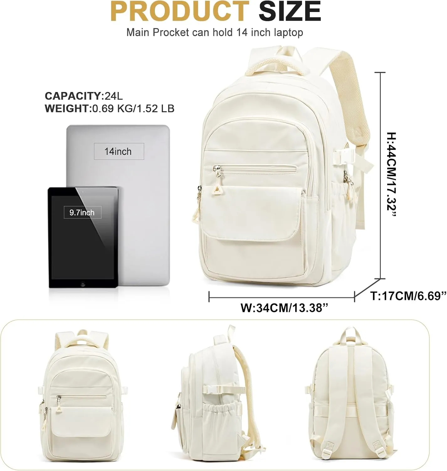 Backpacks For School Women Men,Lightweight College Backpack With Lots Of Pockets,Simple Middle School Bag,Cute Bookbag For Teens Boys Girls（Beige）