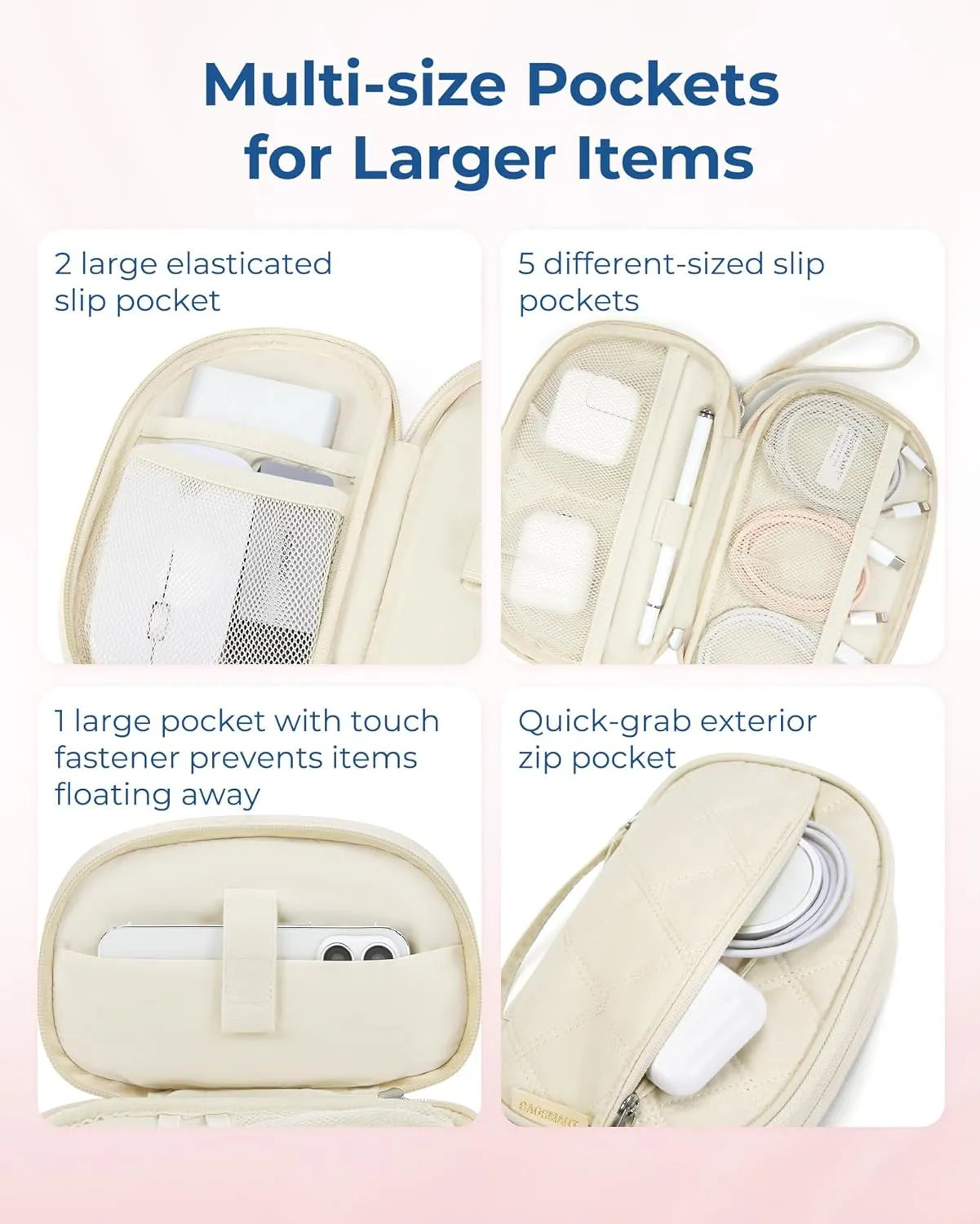BAGSMART Travel Cord Organizer - Double Layers Puffer Case for Electronics, Tech Essentials for Women - Beige