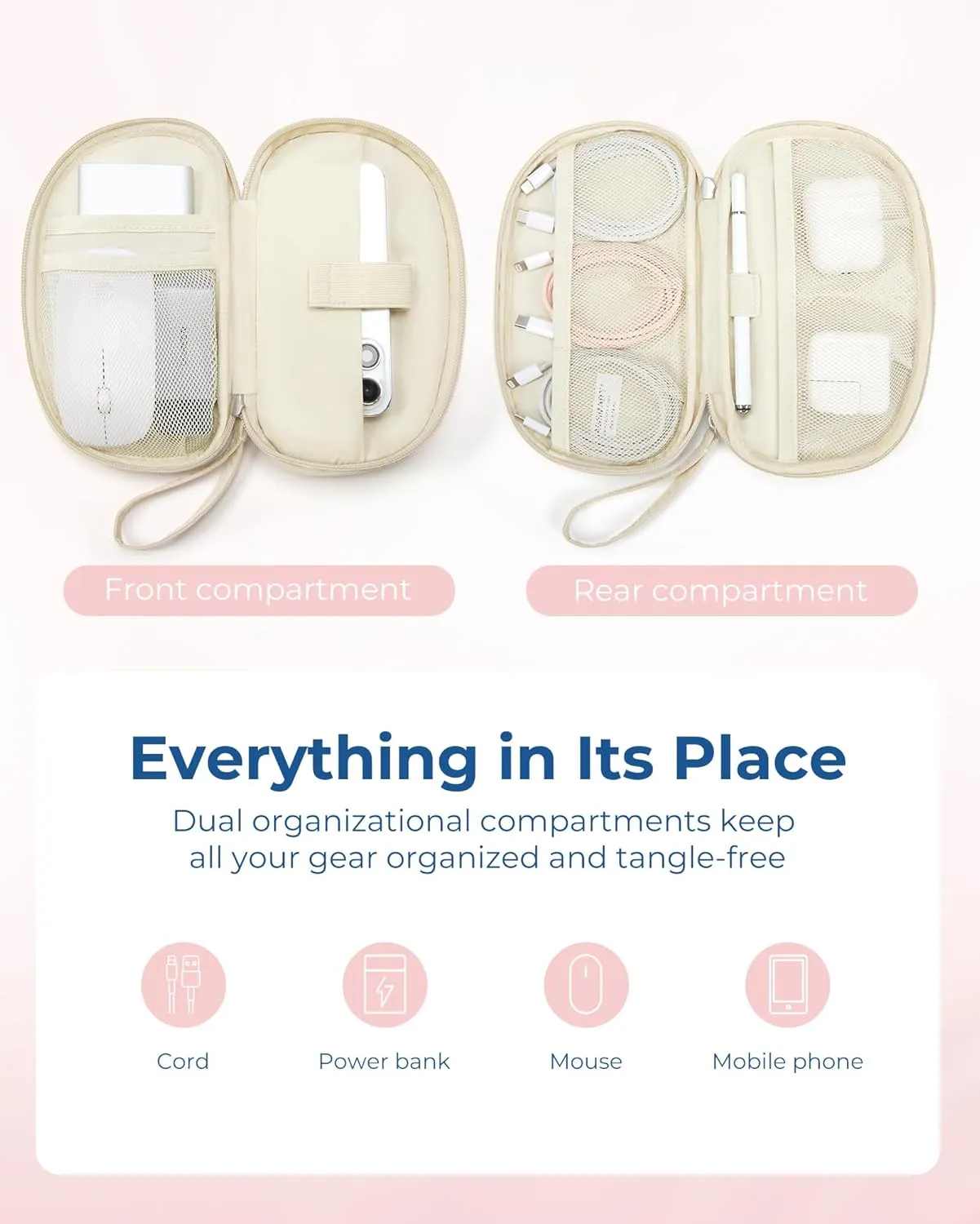 BAGSMART Travel Cord Organizer - Double Layers Puffer Case for Electronics, Tech Essentials for Women - Beige