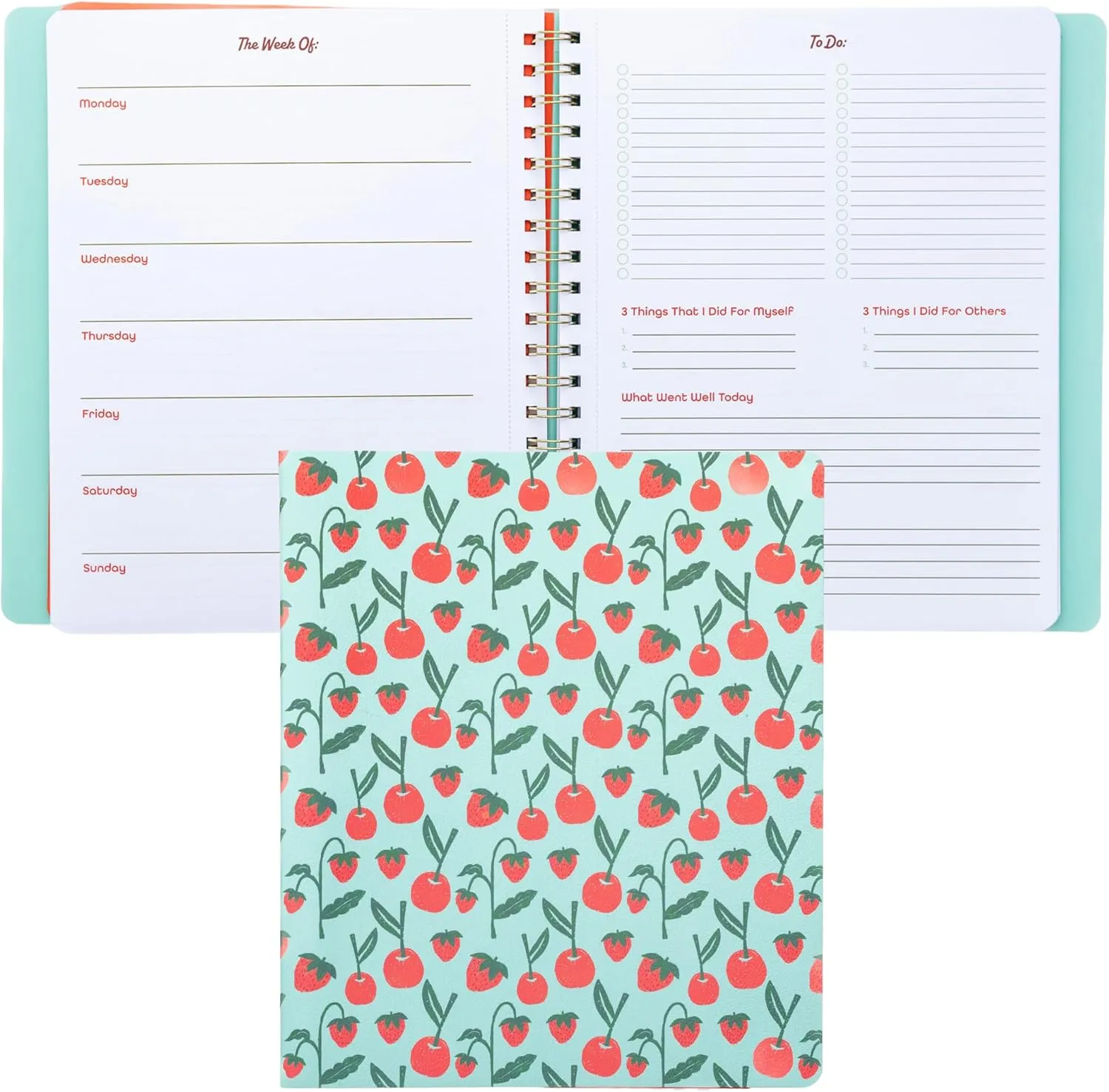 ban.do Undated Weekly Planner, Concealed Spiral Notebook with Stickers, To-Do Lists, Guided Wellness Journal, Daily Organizer for School or Office (Cherries and Strawberries Teal)
