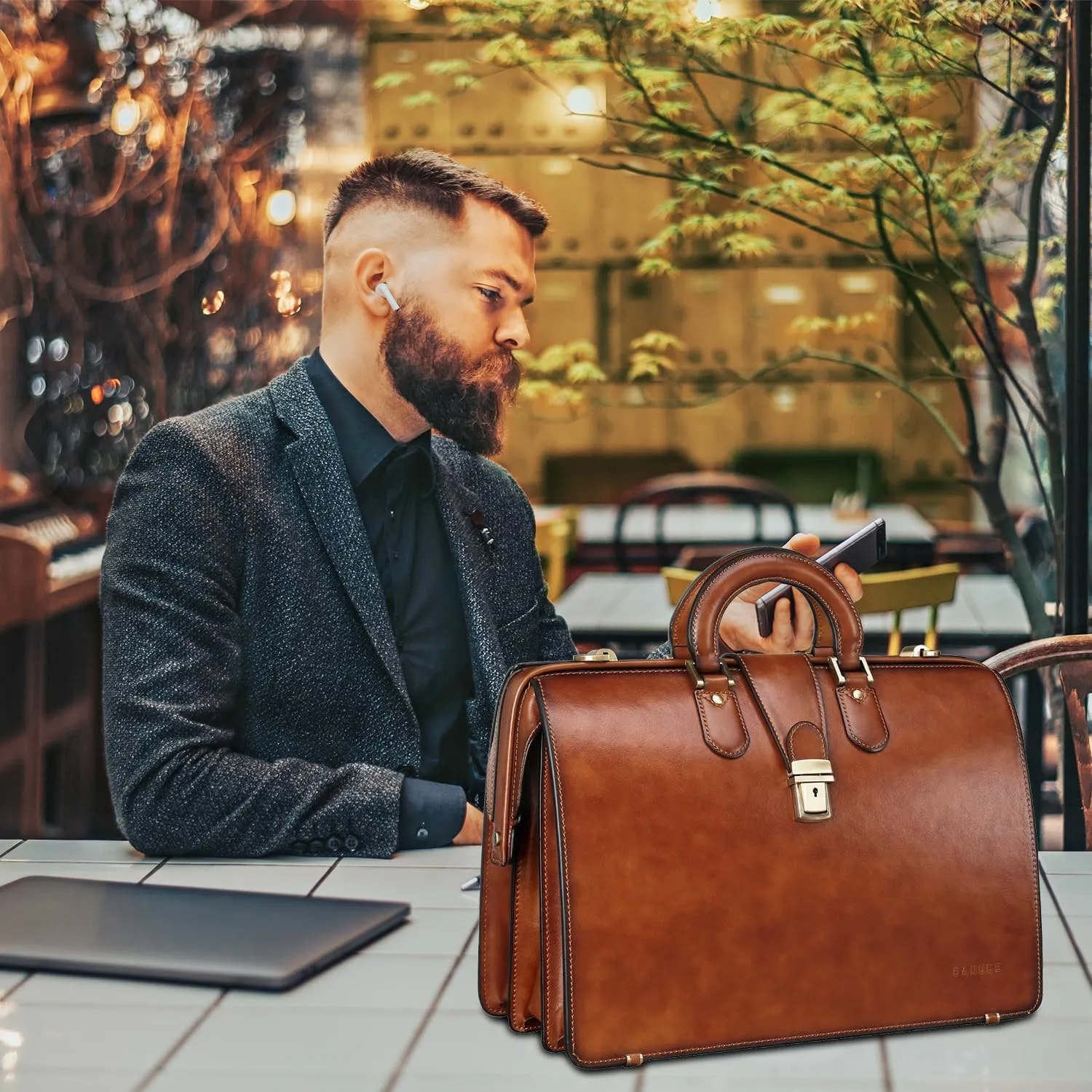 Banuce Vintage Leather Briefcase for Men with Lock Lawyer Briefcase Dulles Doctor Bag  Attache Case