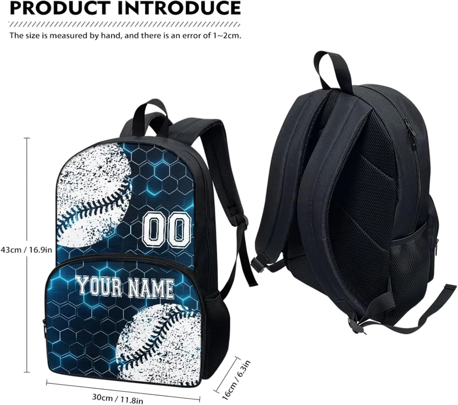 Baseball Blue Hexagonal Grid Laptop Backpacks for Men Women Customize Hiking Backpack Travel Daypack Knapsack Rucksack with Lunch Box Pencil Case Schoolbag Bookbag Water Bottle Cup Bag