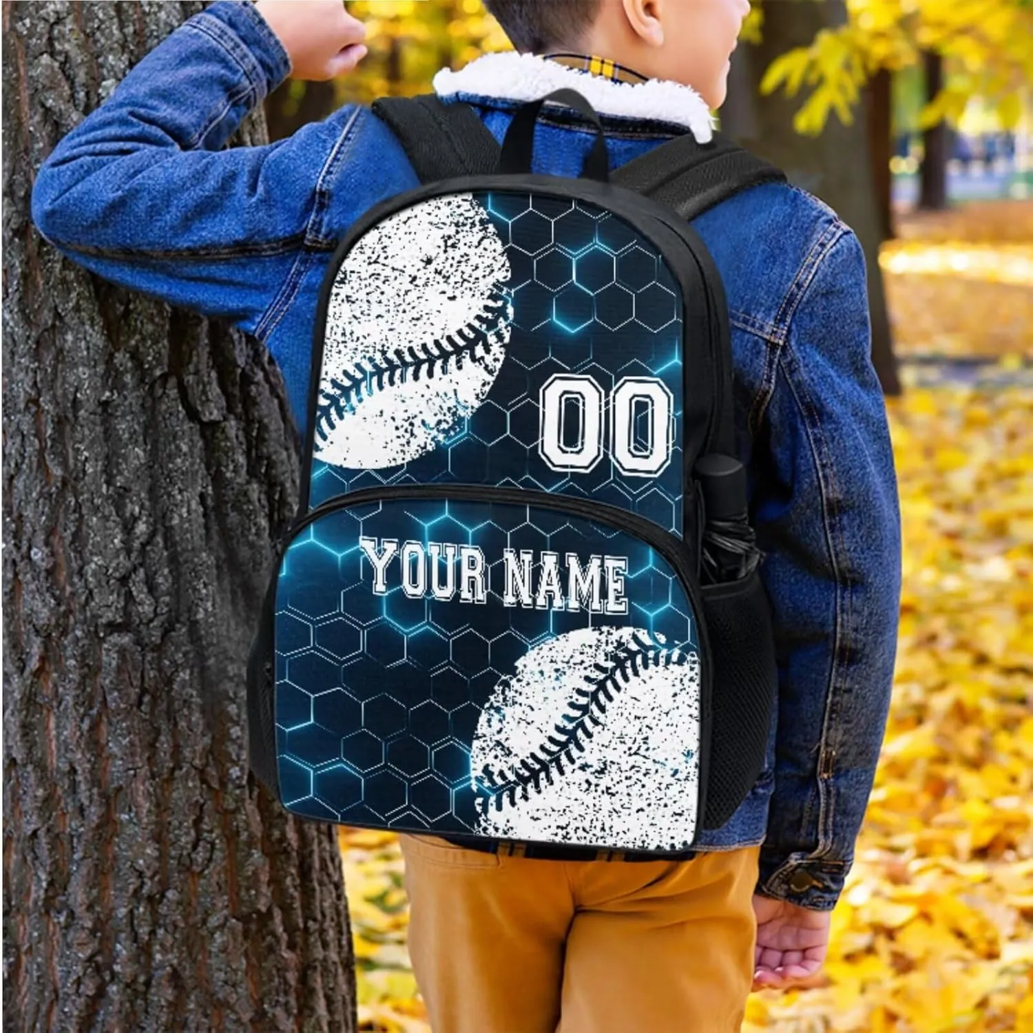 Baseball Blue Hexagonal Grid Laptop Backpacks for Men Women Customize Hiking Backpack Travel Daypack Knapsack Rucksack with Lunch Box Pencil Case Schoolbag Bookbag Water Bottle Cup Bag