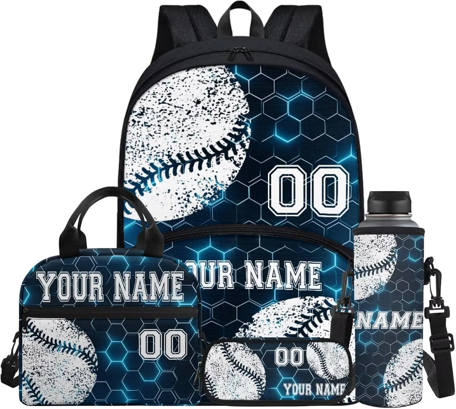 Baseball Blue Hexagonal Grid Laptop Backpacks for Men Women Customize Hiking Backpack Travel Daypack Knapsack Rucksack with Lunch Box Pencil Case Schoolbag Bookbag Water Bottle Cup Bag