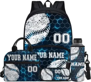 Baseball Blue Hexagonal Grid Laptop Backpacks for Men Women Customize Hiking Backpack Travel Daypack Knapsack Rucksack with Lunch Box Pencil Case Schoolbag Bookbag Water Bottle Cup Bag