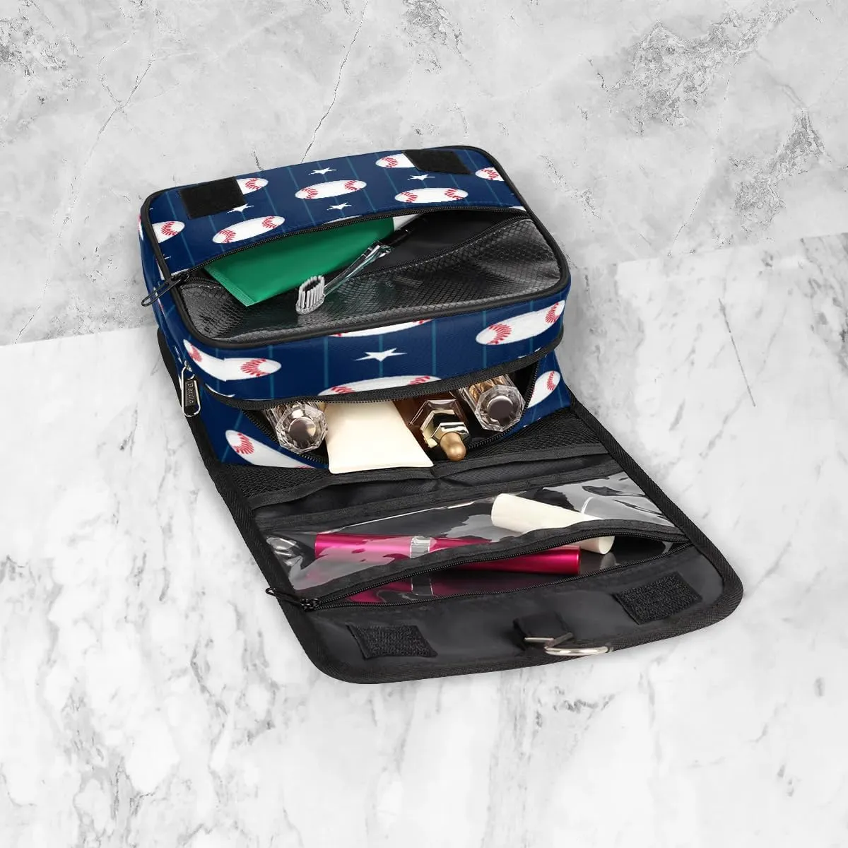 Baseball Striped Star Hanging Toiletry Bag Waterproof Makeup Cosmetic Bag Travel Bag Organizer for Accessories Shampoo Full Sized Container Travel-Essentials Toiletry Bag