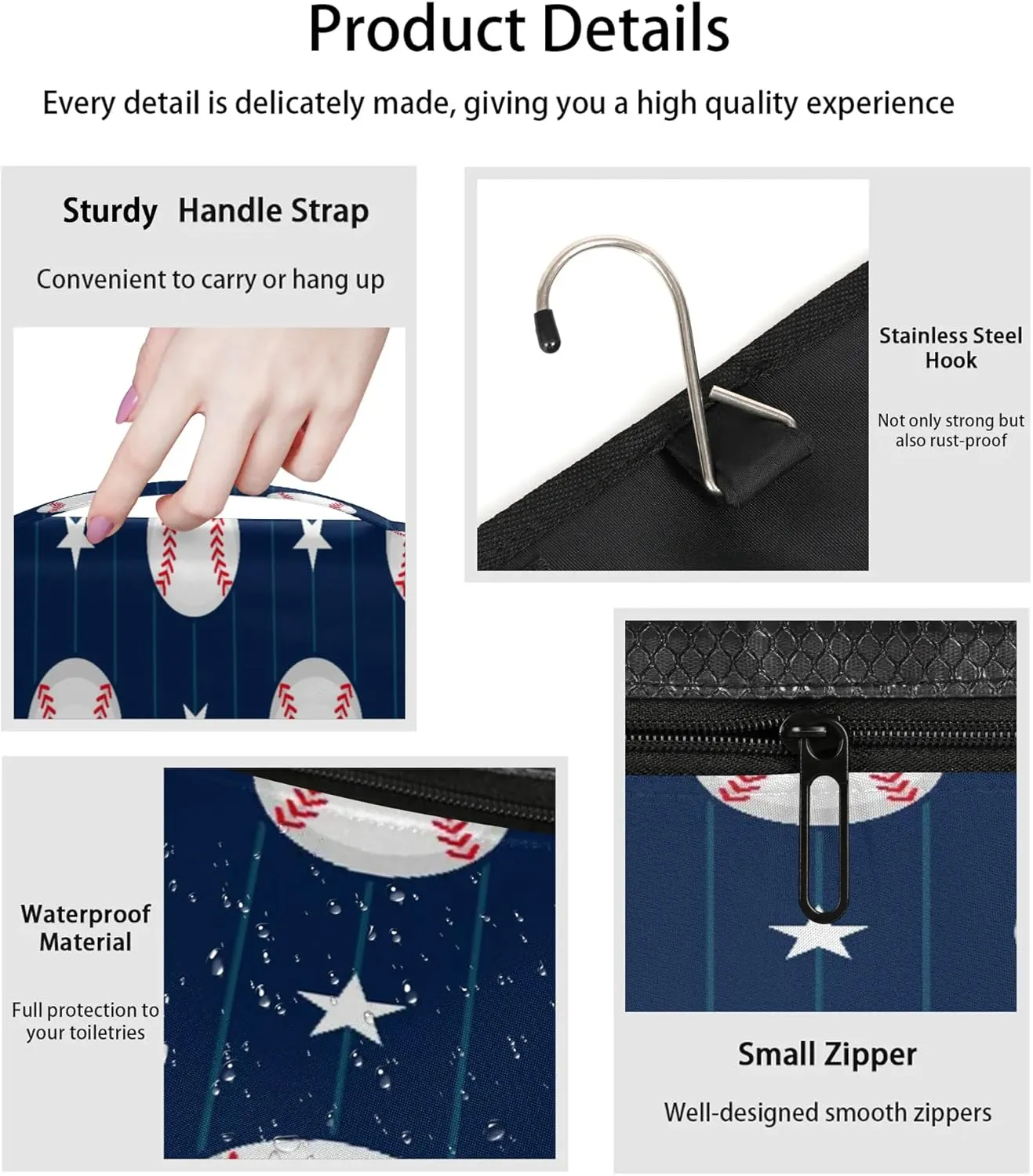 Baseball Striped Star Hanging Toiletry Bag Waterproof Makeup Cosmetic Bag Travel Bag Organizer for Accessories Shampoo Full Sized Container Travel-Essentials Toiletry Bag