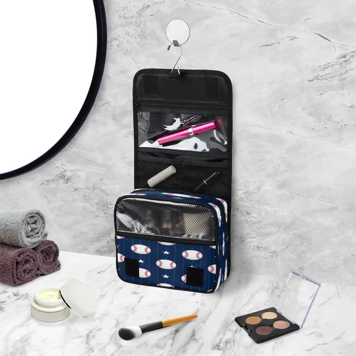 Baseball Striped Star Hanging Toiletry Bag Waterproof Makeup Cosmetic Bag Travel Bag Organizer for Accessories Shampoo Full Sized Container Travel-Essentials Toiletry Bag