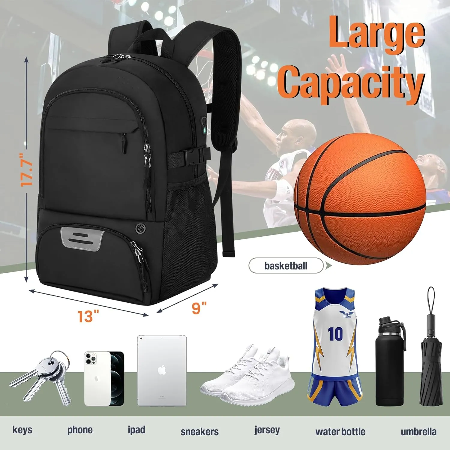 Basketball Backpack Basketball Equipment Bag with Ball and Shoe Compartment, Soccer Backpack Volleyball Backpacks
