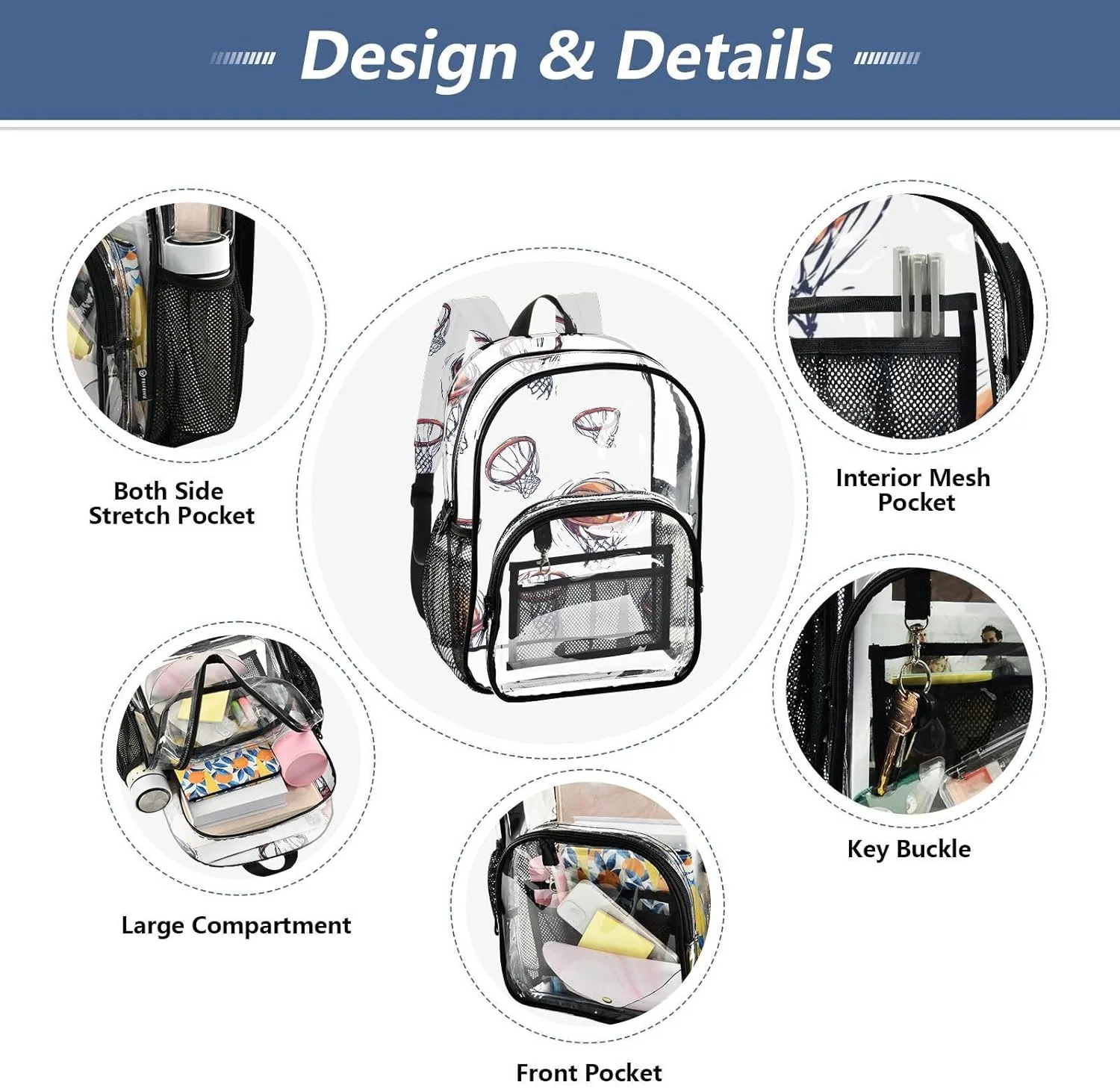Basketball White Clear Backpacks For School Kids Kid Clear Backpack For Girls Boys See Through PVC Bags