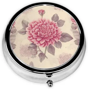 Beautiful Vintage Pink Flower Pill Box Round Pill Case for Pocket Purse 3 Compartment Medicine Pill Organizer Cute Portable Travel Pillbox Vitamin Cod Liver Oil Storage Box Unique Gift Organizer
