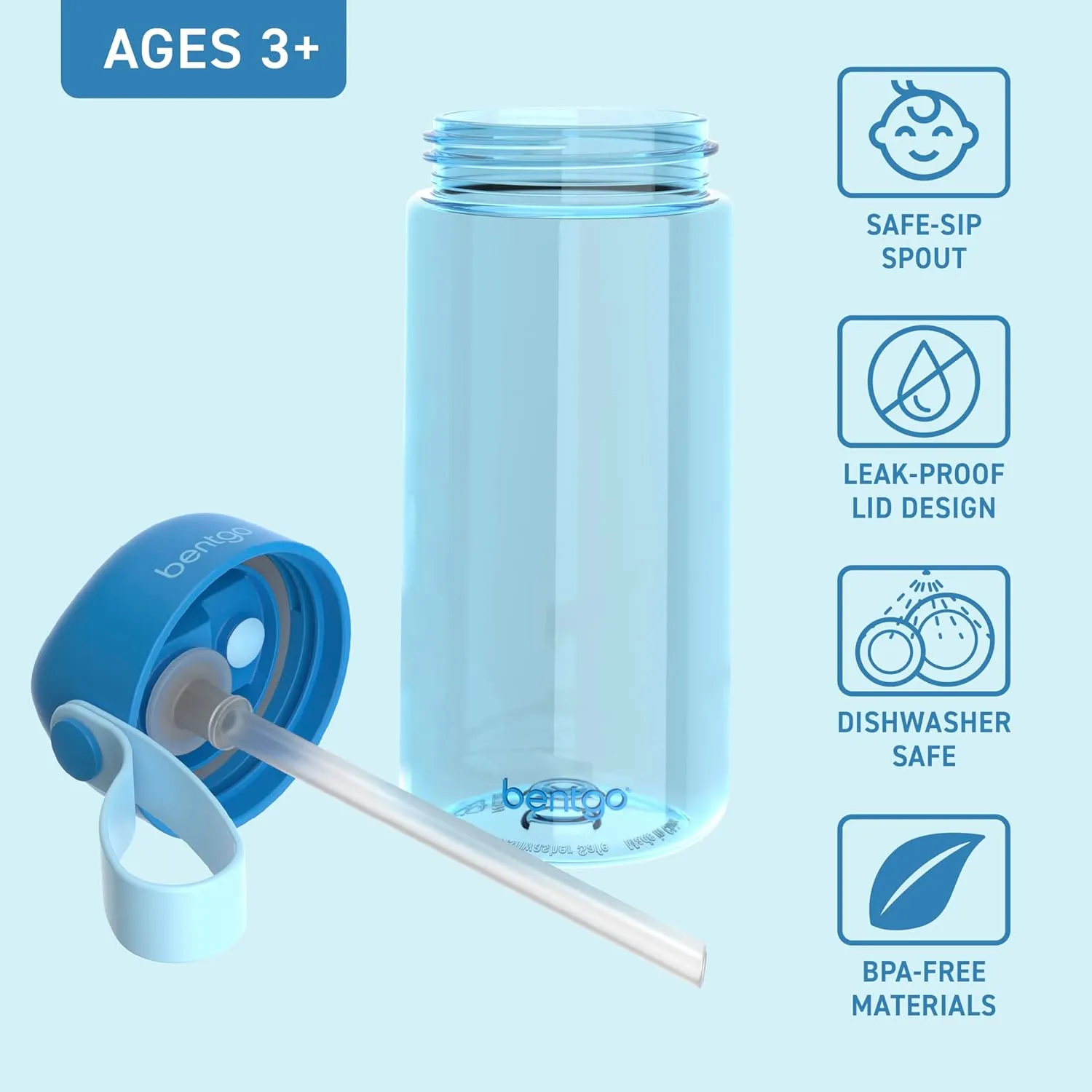 Bentgo Kids Water Bottle - Leak-Proof, Durable Tritan, BPA-Free 15 oz. Cup for Kids/Toddlers Ages 3  - Safe Sip Spout, Carrying Handle, & Dishwasher Safe for School, Sports, Daycare & Camp (Blue)