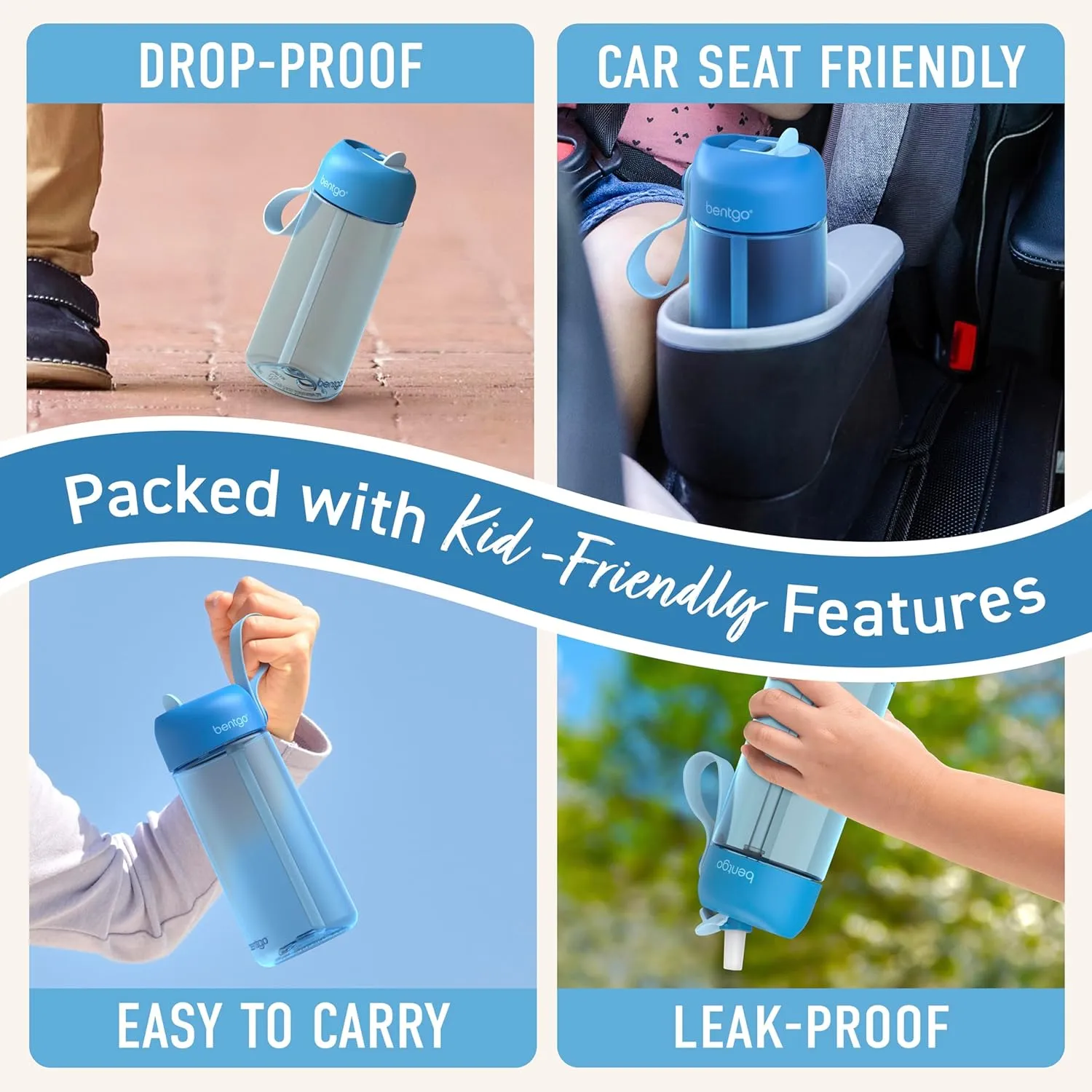 Bentgo Kids Water Bottle - Leak-Proof, Durable Tritan, BPA-Free 15 oz. Cup for Kids/Toddlers Ages 3  - Safe Sip Spout, Carrying Handle, & Dishwasher Safe for School, Sports, Daycare & Camp (Blue)