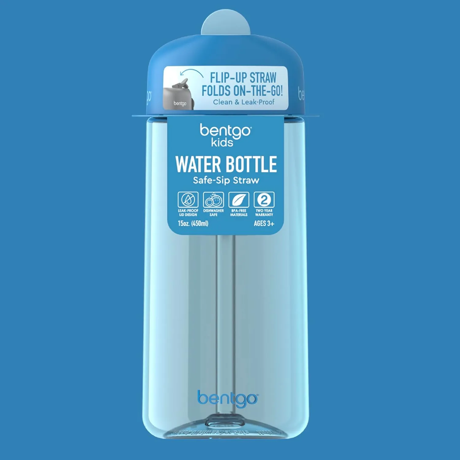 Bentgo Kids Water Bottle - Leak-Proof, Durable Tritan, BPA-Free 15 oz. Cup for Kids/Toddlers Ages 3  - Safe Sip Spout, Carrying Handle, & Dishwasher Safe for School, Sports, Daycare & Camp (Blue)