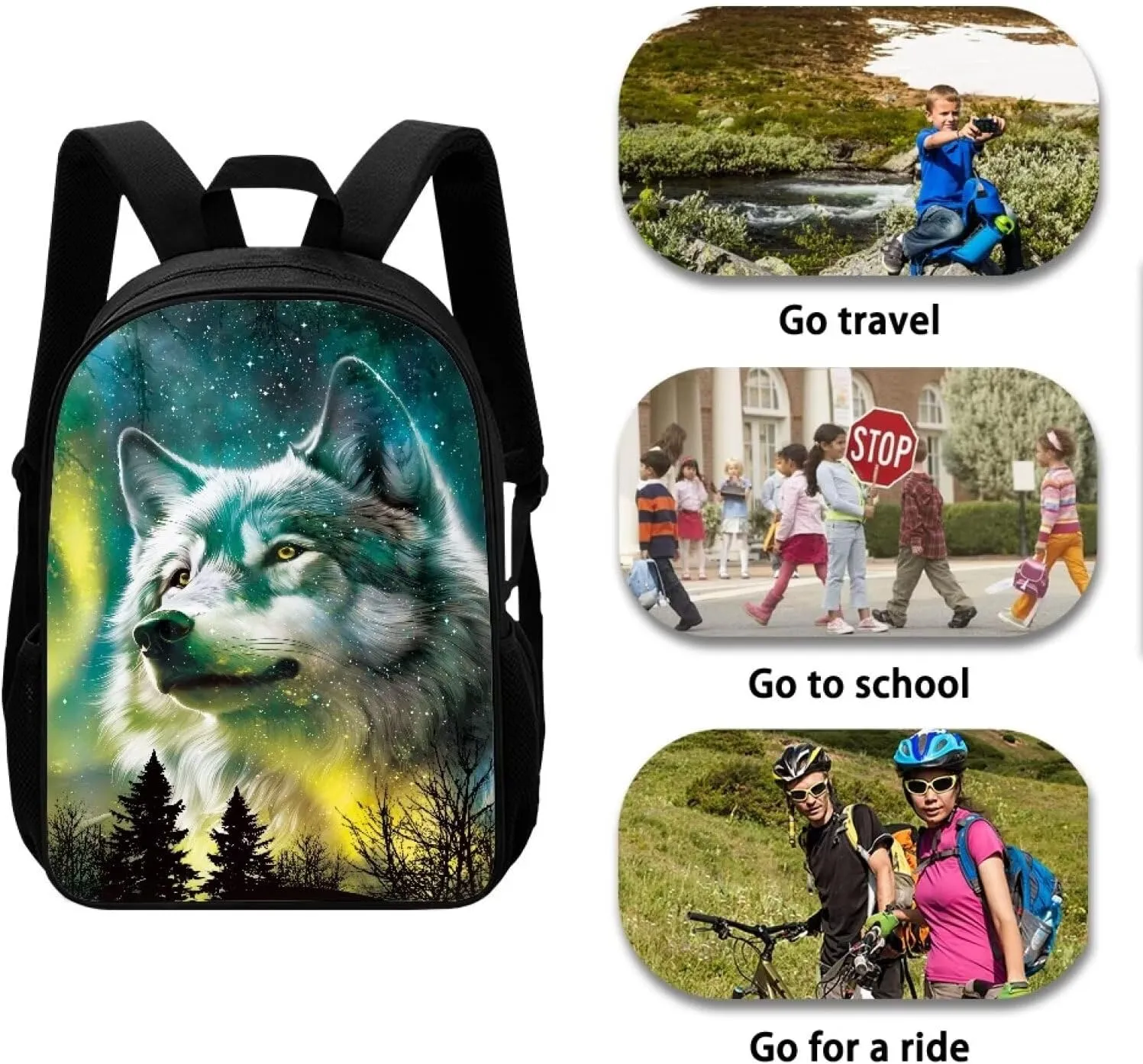 Biyejit Aurora Forest Wolf Laptop Backpack Bookbag Kids School Bags Backpacks