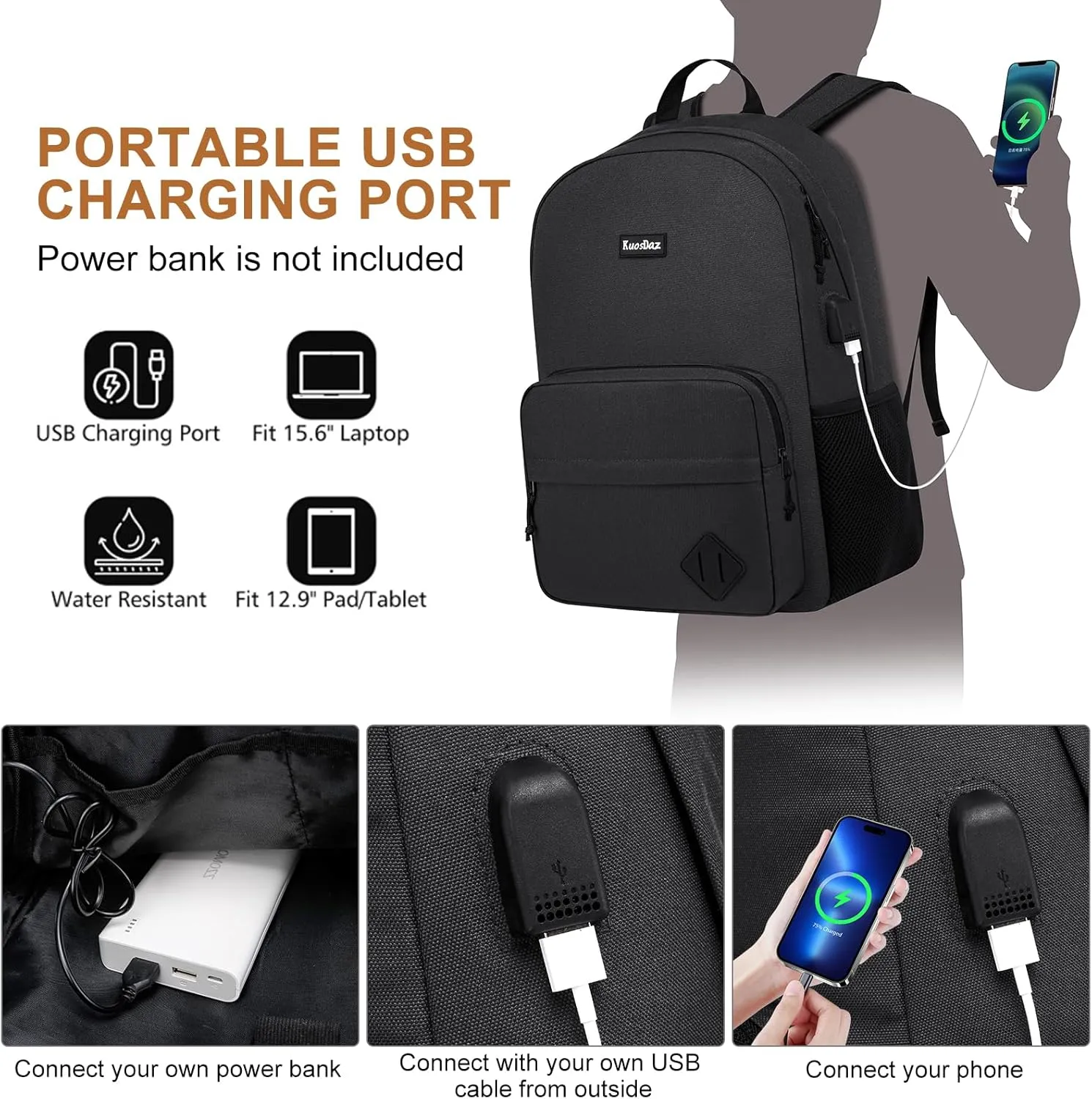 Black Backpack for School Teens Boys Girls, Lightweight Casual Backpacks for Men and Women, Classic Basic Water Resistant Casual Daypack, 15.6 Inch Laptop Bookbag for College High School Work Travel