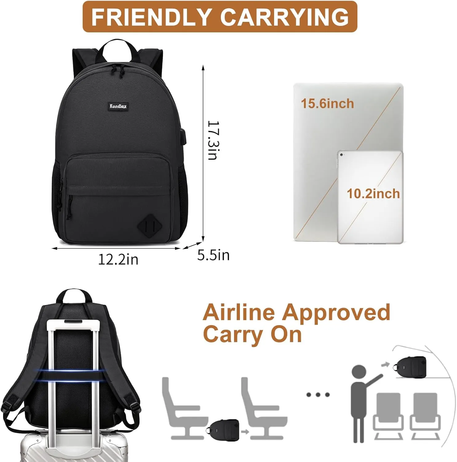 Black Backpack for School Teens Boys Girls, Lightweight Casual Backpacks for Men and Women, Classic Basic Water Resistant Casual Daypack, 15.6 Inch Laptop Bookbag for College High School Work Travel