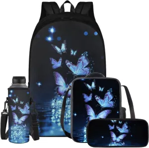 Black Butterfly Cute Backpacks for Teen Girls with Lunch Bag Water Bottle Holder and Aesthetic Pencil Pouch Cushion Shoulder Straps Rucksack Daypack 4 Piece Set