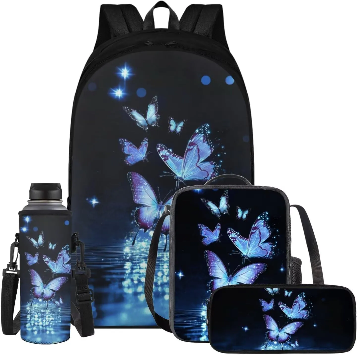 Black Butterfly Cute Backpacks for Teen Girls with Lunch Bag Water Bottle Holder and Aesthetic Pencil Pouch Cushion Shoulder Straps Rucksack Daypack 4 Piece Set