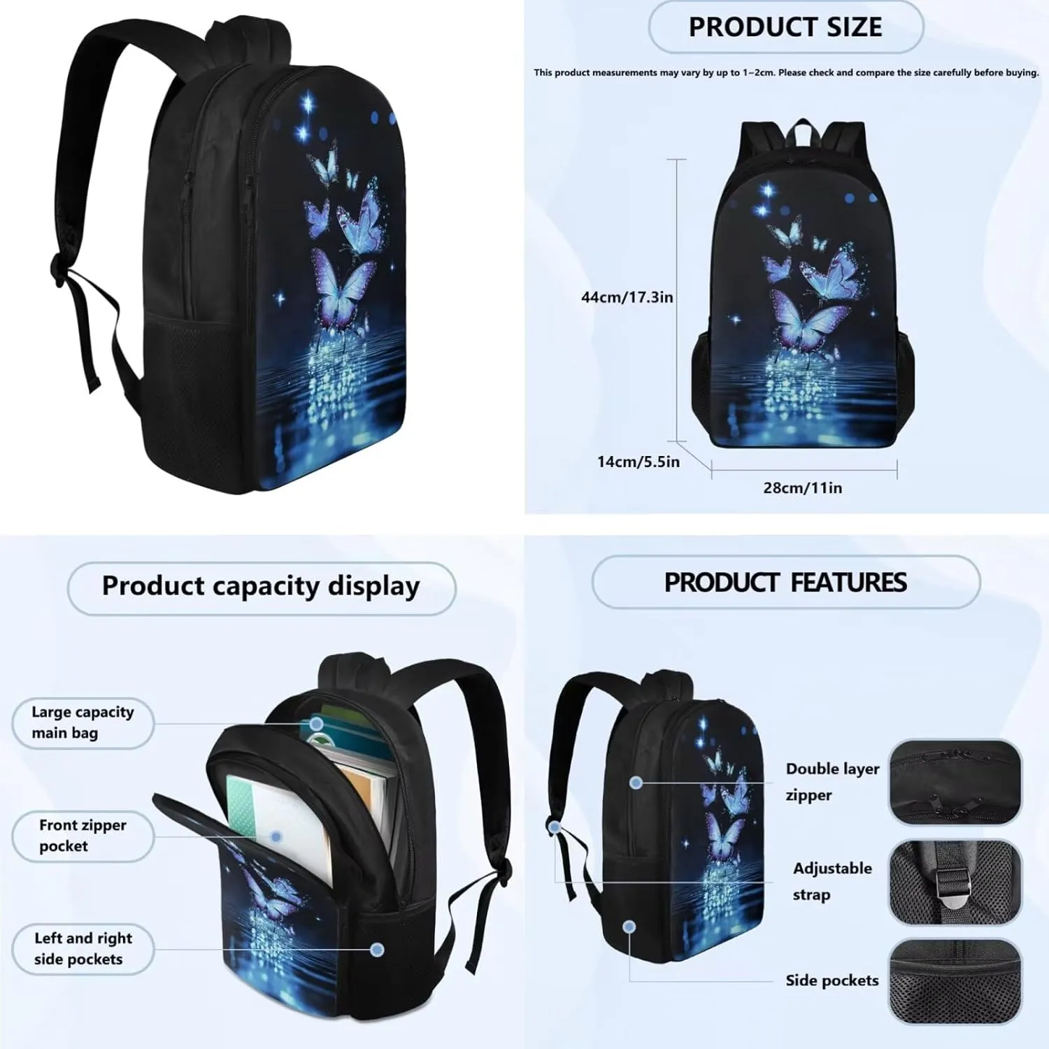 Black Butterfly Cute Backpacks for Teen Girls with Lunch Bag Water Bottle Holder and Aesthetic Pencil Pouch Cushion Shoulder Straps Rucksack Daypack 4 Piece Set