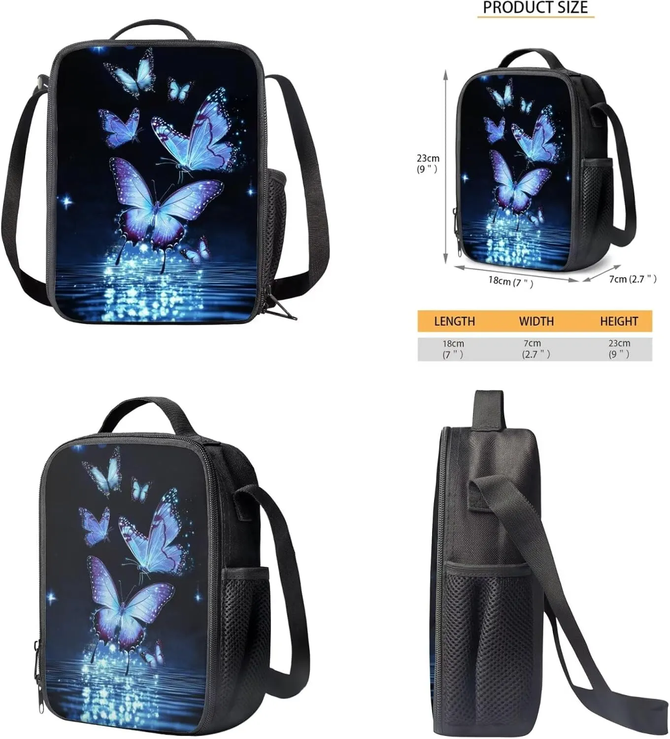 Black Butterfly Cute Backpacks for Teen Girls with Lunch Bag Water Bottle Holder and Aesthetic Pencil Pouch Cushion Shoulder Straps Rucksack Daypack 4 Piece Set