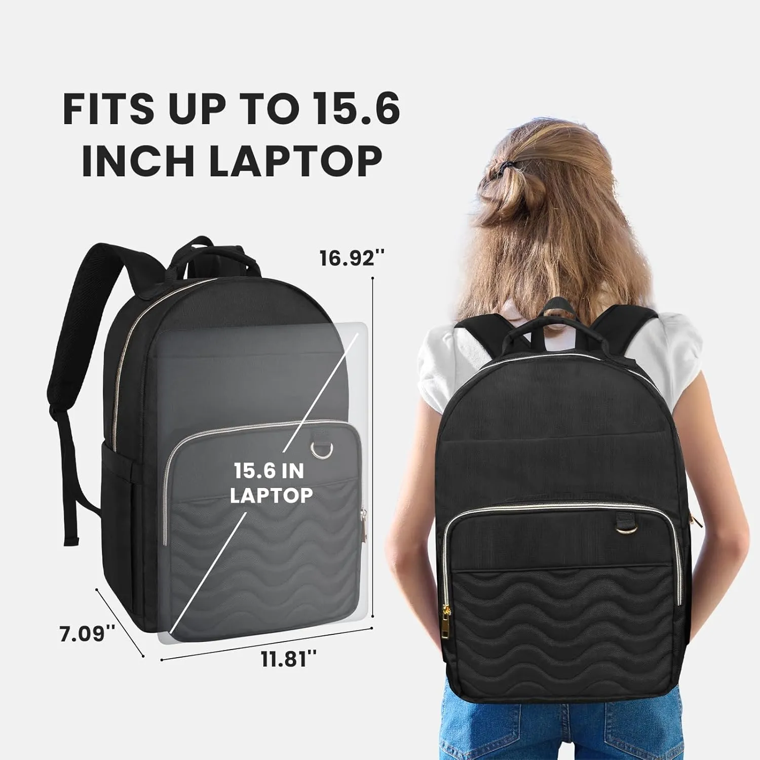 Black Qulited Backpack for Women, Travel Laptop Back pack, 15.6 inch Laptop Backpacks with USB Port, School Back Pack for Girls Boys, Water Resistant Book Bags, Teacher Bookbags Daypacks