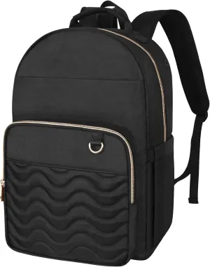 Black Qulited Backpack for Women, Travel Laptop Back pack, 15.6 inch Laptop Backpacks with USB Port, School Back Pack for Girls Boys, Water Resistant Book Bags, Teacher Bookbags Daypacks