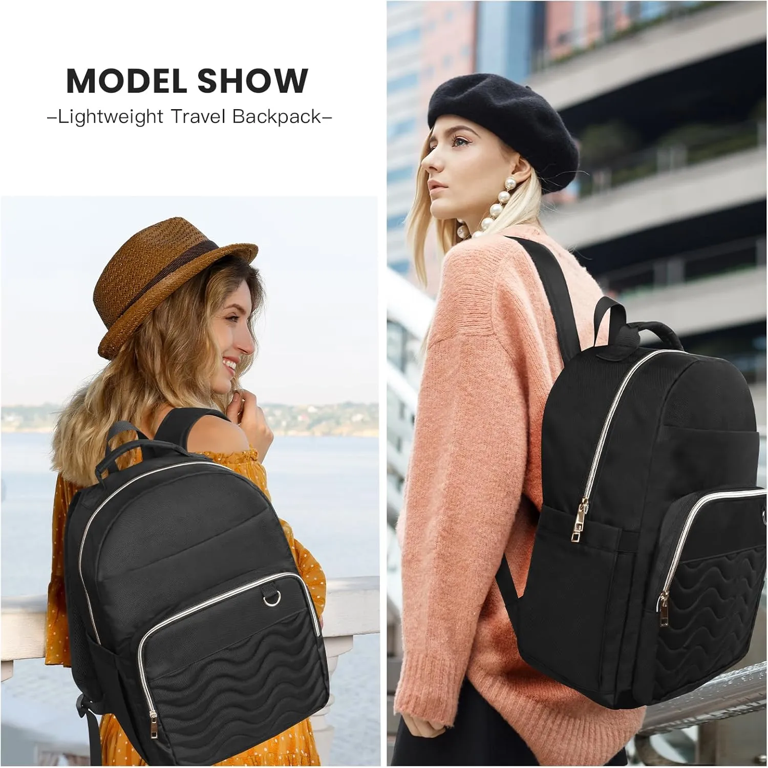 Black Qulited Backpack for Women, Travel Laptop Back pack, 15.6 inch Laptop Backpacks with USB Port, School Back Pack for Girls Boys, Water Resistant Book Bags, Teacher Bookbags Daypacks