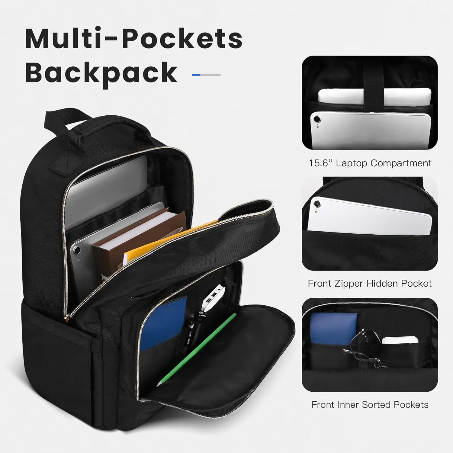 Black Qulited Backpack for Women, Travel Laptop Back pack, 15.6 inch Laptop Backpacks with USB Port, School Back Pack for Girls Boys, Water Resistant Book Bags, Teacher Bookbags Daypacks