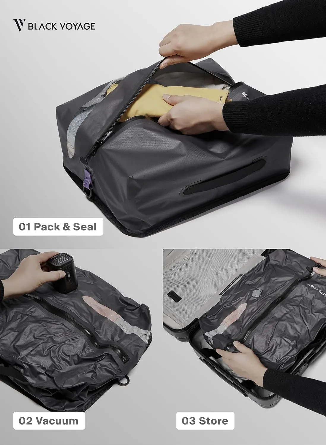 Black Voyage Travel Pack Vacuum Kit Reusable Air Seal Compression Bags with Wireless Vacuum Pump Suitcases Backpack Space Saver Airline Travel Airback Vacpack (2-Pack, Medium (No Vacuum Pump)