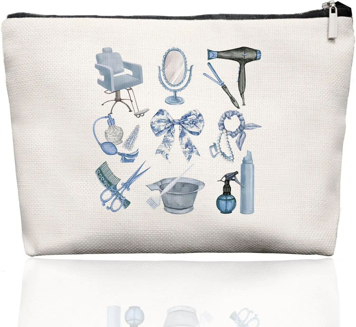 Blue Chinoiserie Bow Hairstylist Makeup Bag, Cosmetology Student Gift for Women, Cute Hairdresser Travel Pouch, Aesthetic Blue Toile Salon Organizer for Teen Girls, 7.5 x 10 in